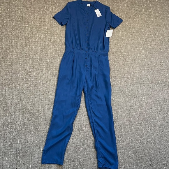 NWT Iris & Ink Silk Jumpsuit Blue Short Sleeve Button Front Coveralls Size 14 - Picture 9 of 9